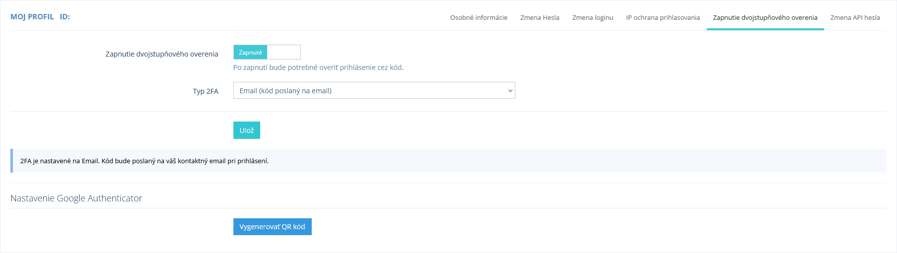 Zapnutie dvojstupňov&eacute;ho overenia v profile